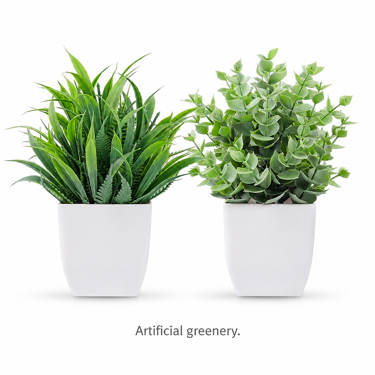 Set of 2 Mini Faux Plants in White Pots, Gray Green Eucalyptus and Grass Shelf Decor — styled view 5
