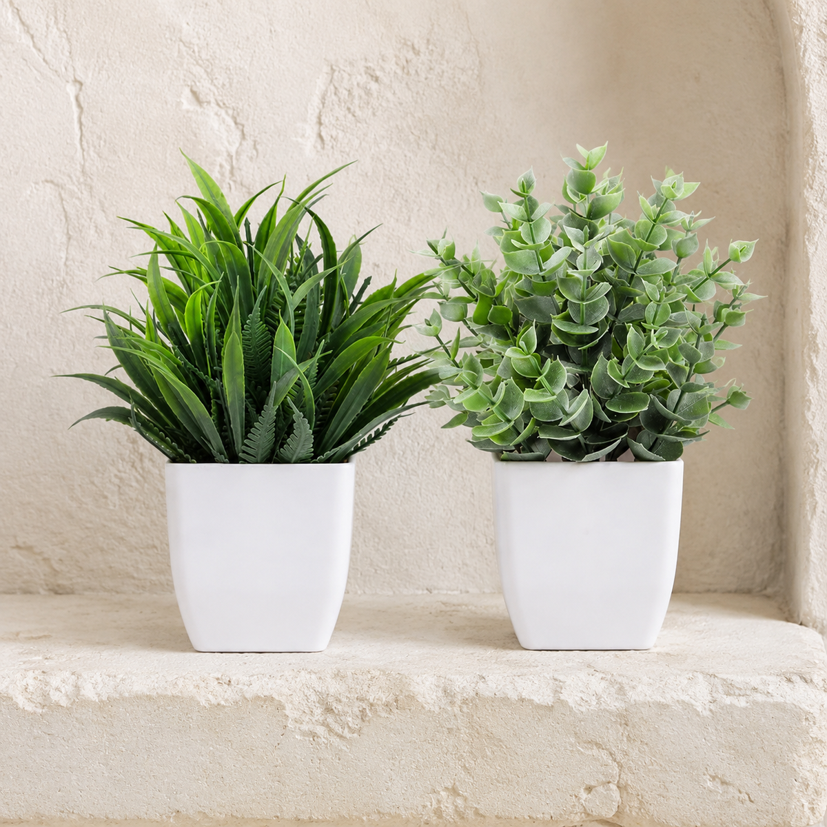 Set of 2 Mini Faux Plants in White Pots, Gray Green Eucalyptus and Grass Shelf Decor — styled view 6