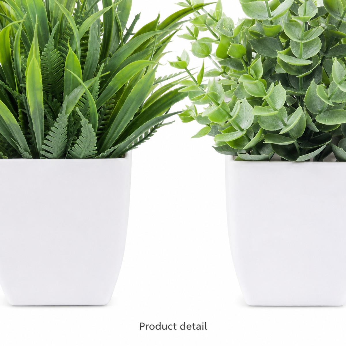 Set of 2 Mini Faux Plants in White Pots, Gray Green Eucalyptus and Grass Shelf Decor — foliage detail