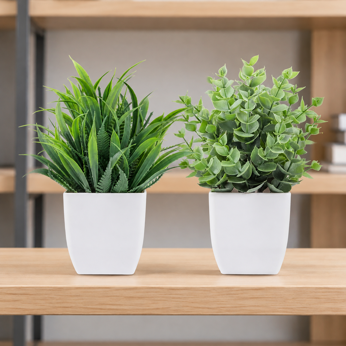 Set of 2 Mini Faux Plants in White Pots, Gray Green Eucalyptus and Grass Shelf Decor — styled view 8