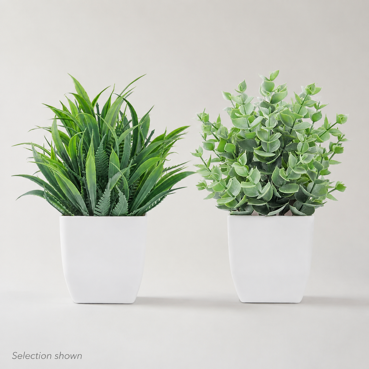 Set of 2 Mini Faux Plants in White Pots, Gray Green Eucalyptus and Grass Shelf Decor — styled view 9