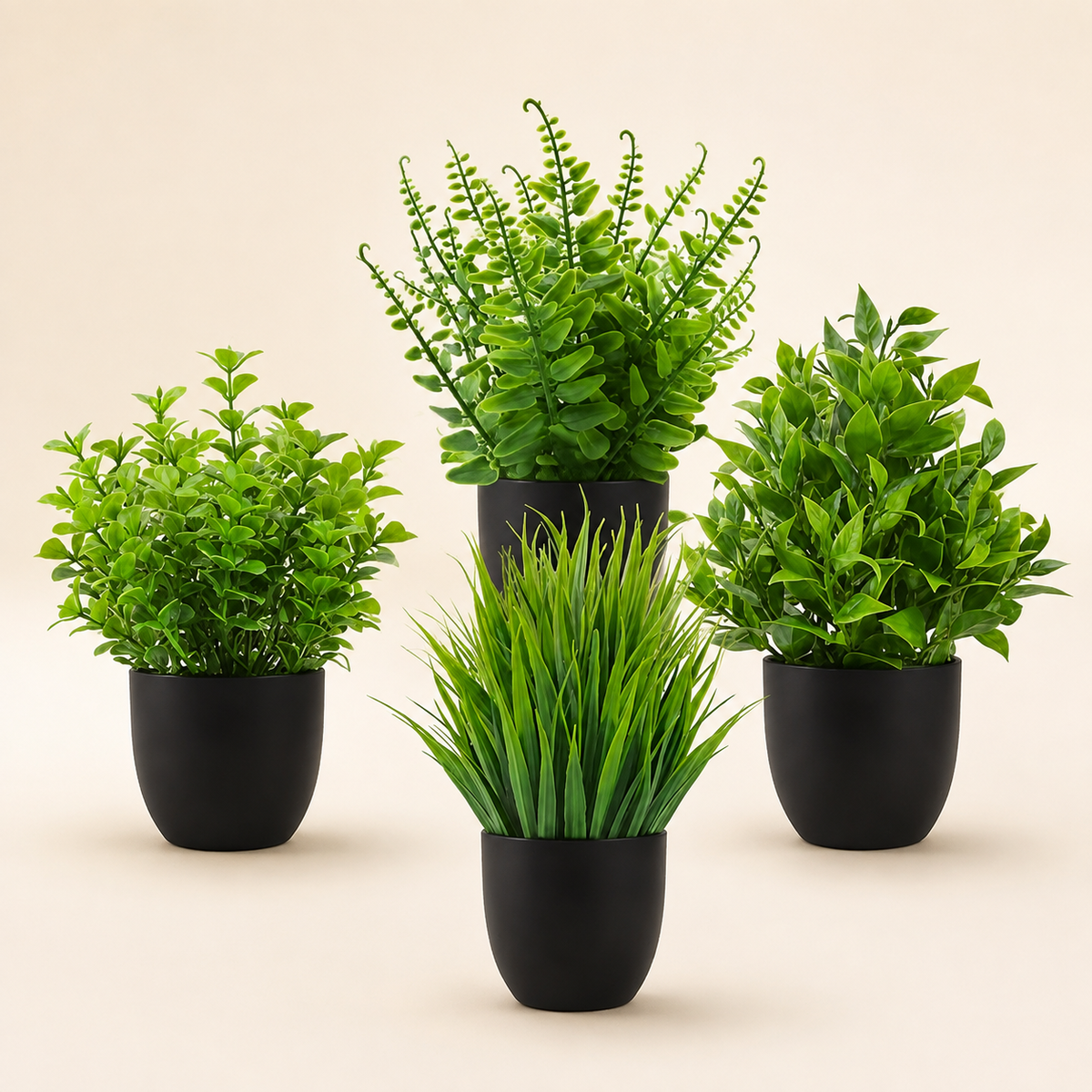 Set of 4 Mini Faux Plants in Black Pots, Assorted Greenery for Desk and Shelf Decor — styled view 1