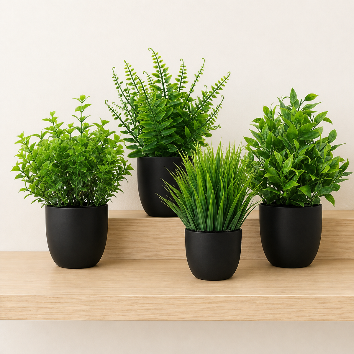 Set of 4 Mini Faux Plants in Black Pots, Assorted Greenery for Desk and Shelf Decor — styled view 2