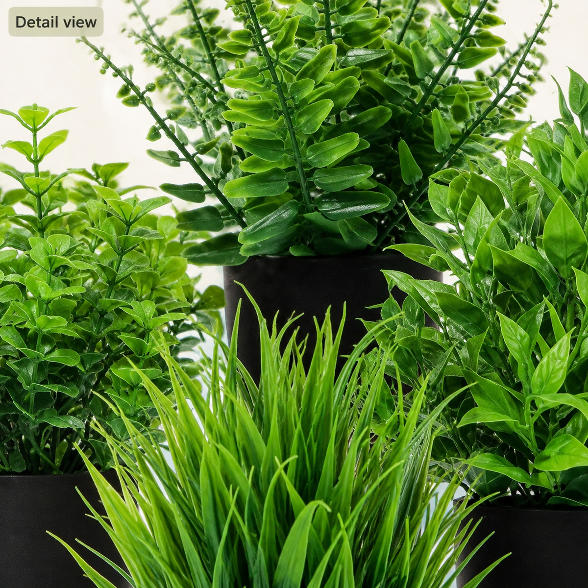 Set of 4 Mini Faux Plants in Black Pots, Assorted Greenery for Desk and Shelf Decor — foliage detail
