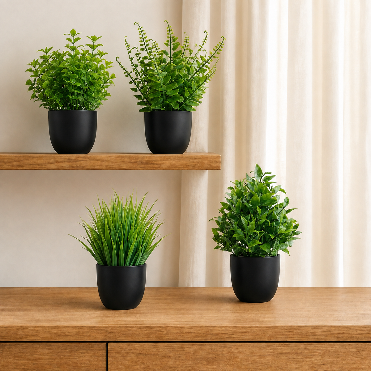Set of 4 Mini Faux Plants in Black Pots, Assorted Greenery for Desk and Shelf Decor — styled view 4