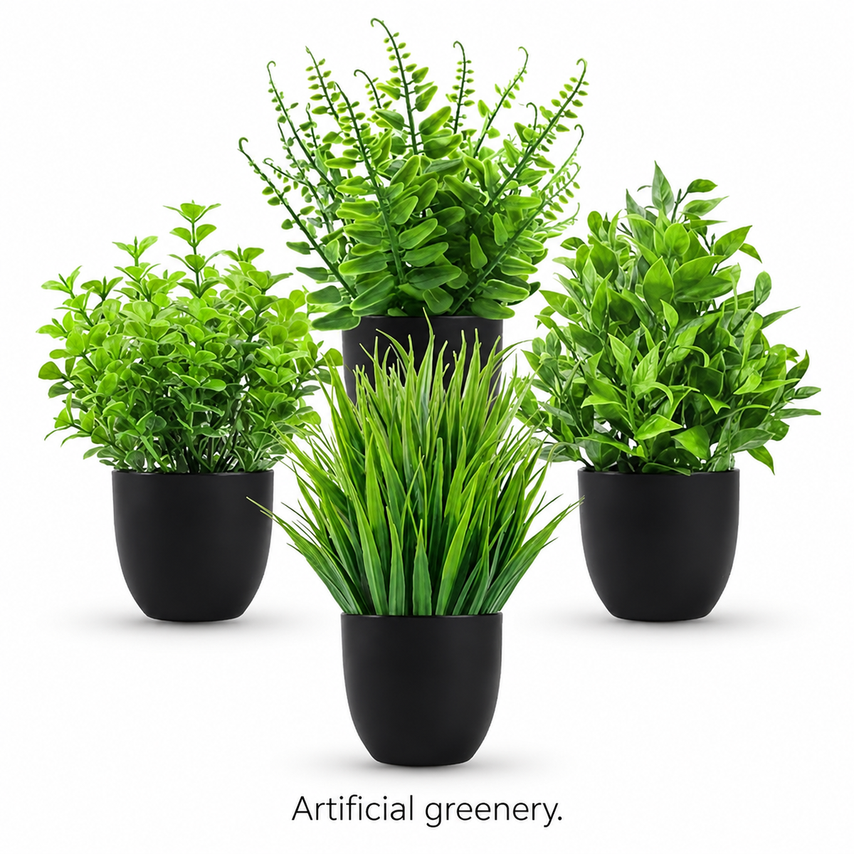 Set of 4 Mini Faux Plants in Black Pots, Assorted Greenery for Desk and Shelf Decor — styled view 5