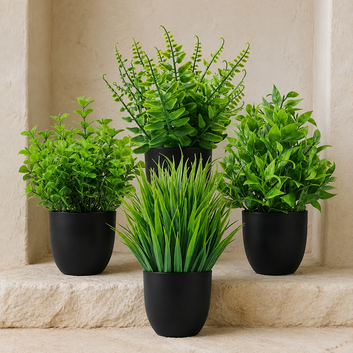 Set of 4 Mini Faux Plants in Black Pots, Assorted Greenery for Desk and Shelf Decor — styled view 6