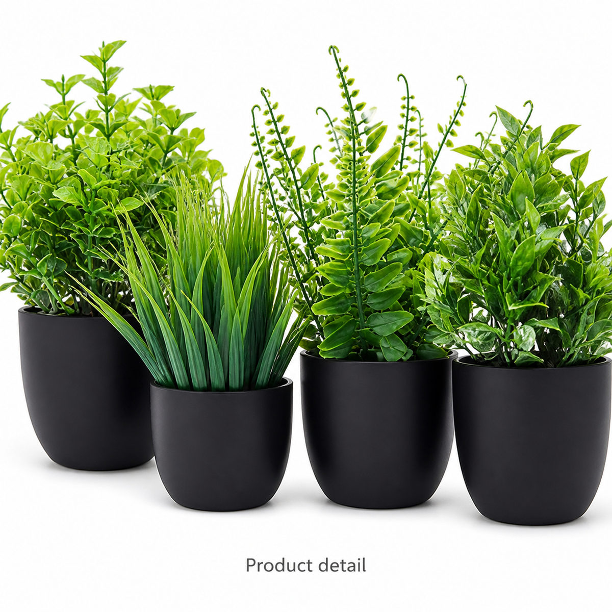 Set of 4 Mini Faux Plants in Black Pots, Assorted Greenery for Desk and Shelf Decor — foliage detail