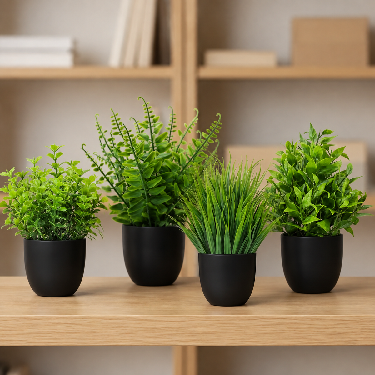 Set of 4 Mini Faux Plants in Black Pots, Assorted Greenery for Desk and Shelf Decor — styled view 8