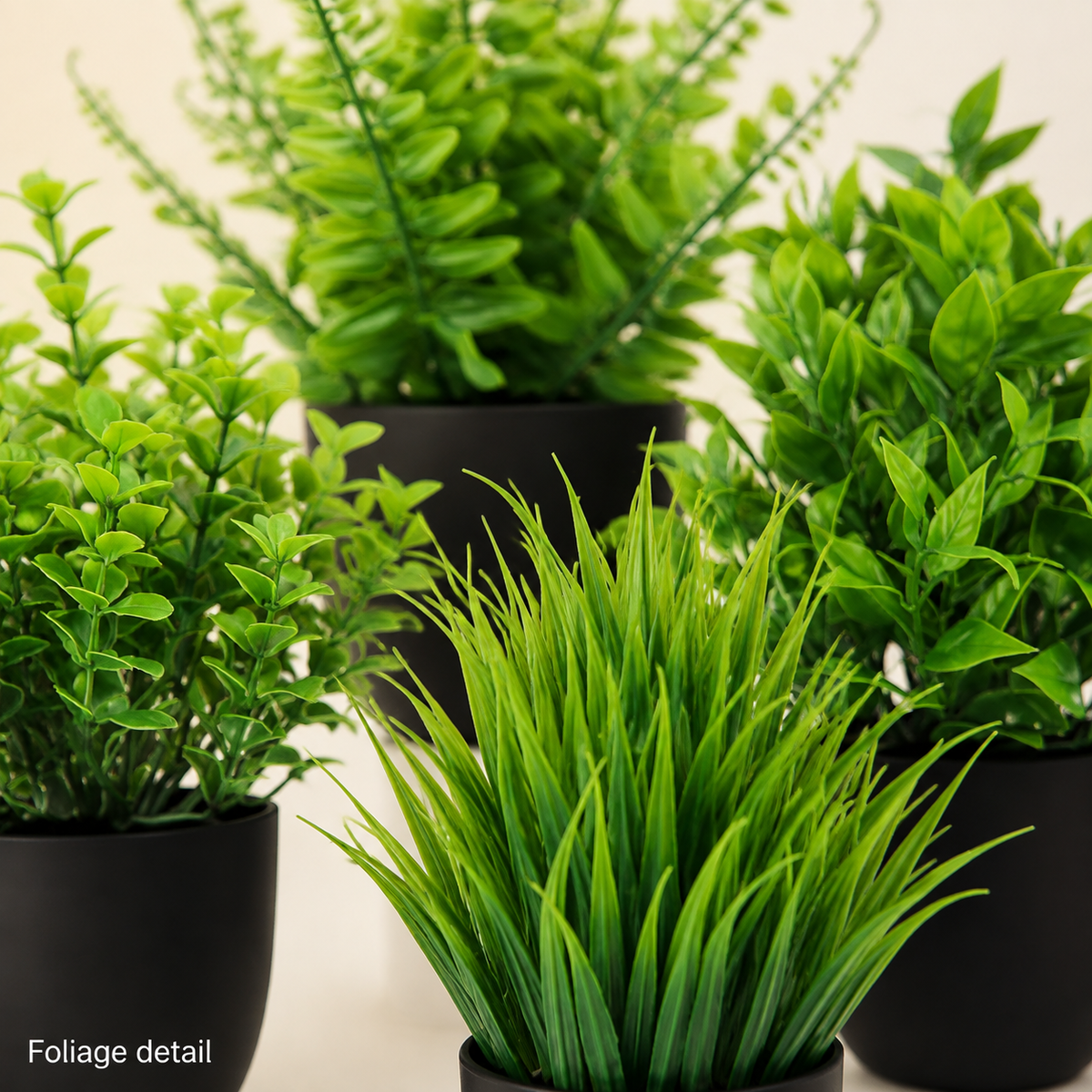 Set of 4 Mini Faux Plants in Black Pots, Assorted Greenery for Desk and Shelf Decor — foliage detail