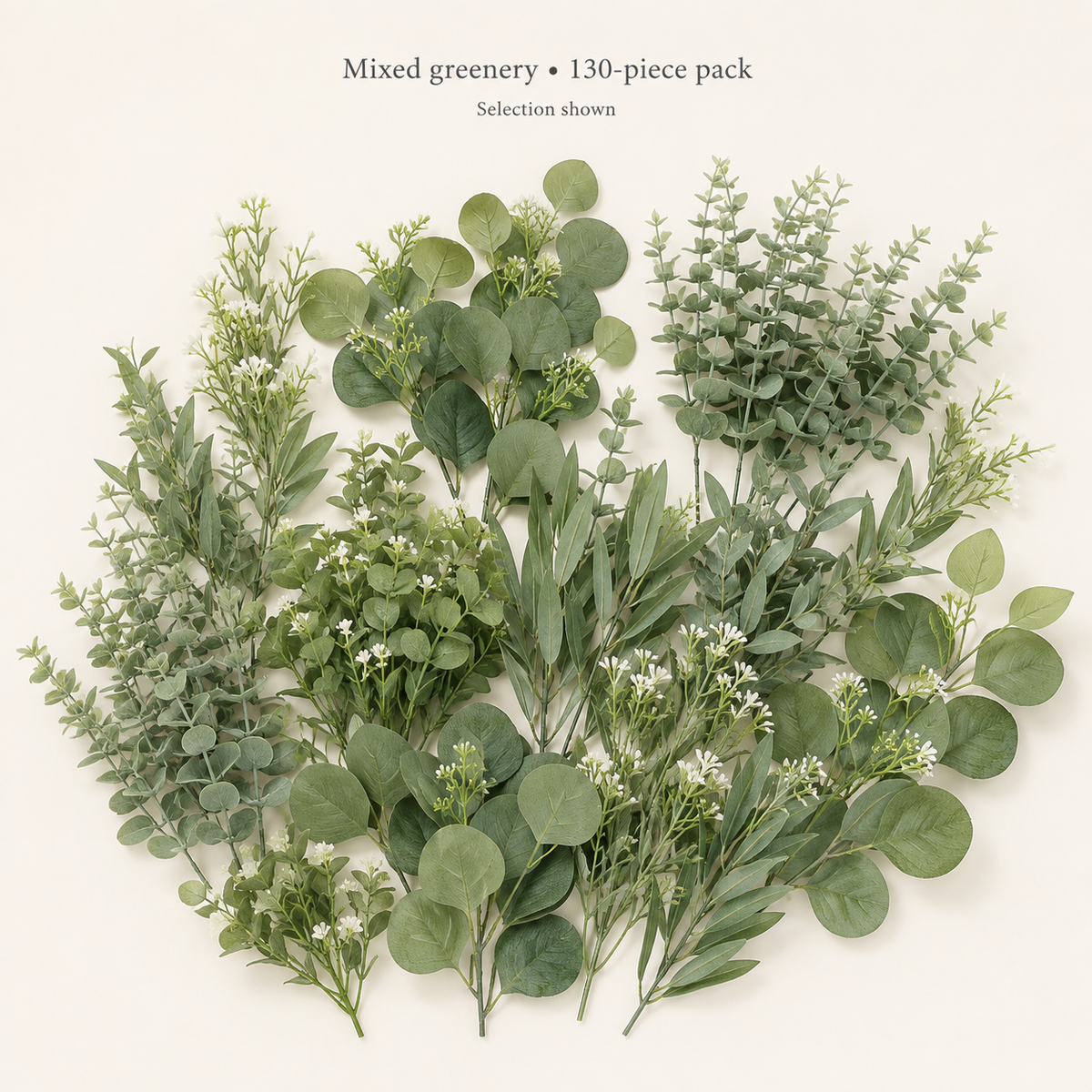 130 Mixed Artificial Greenery Stems, Faux Eucalyptus and White Filler Flowers for DIY Bouquets — styled view 1