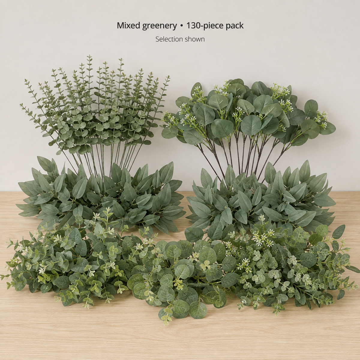 130 Mixed Artificial Greenery Stems, Faux Eucalyptus and White Filler Flowers for DIY Bouquets — styled view 2