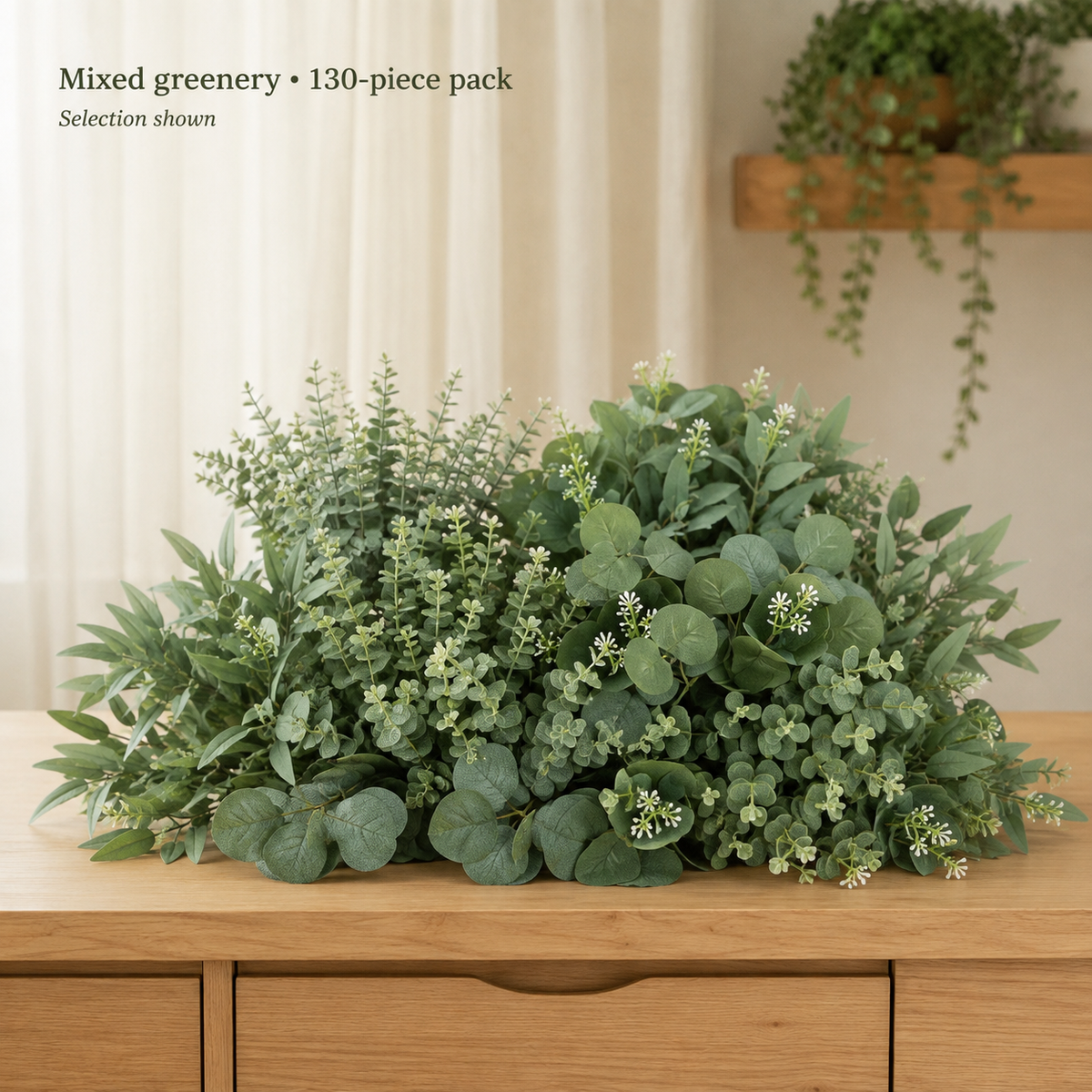 130 Mixed Artificial Greenery Stems, Faux Eucalyptus and White Filler Flowers for DIY Bouquets — styled view 4