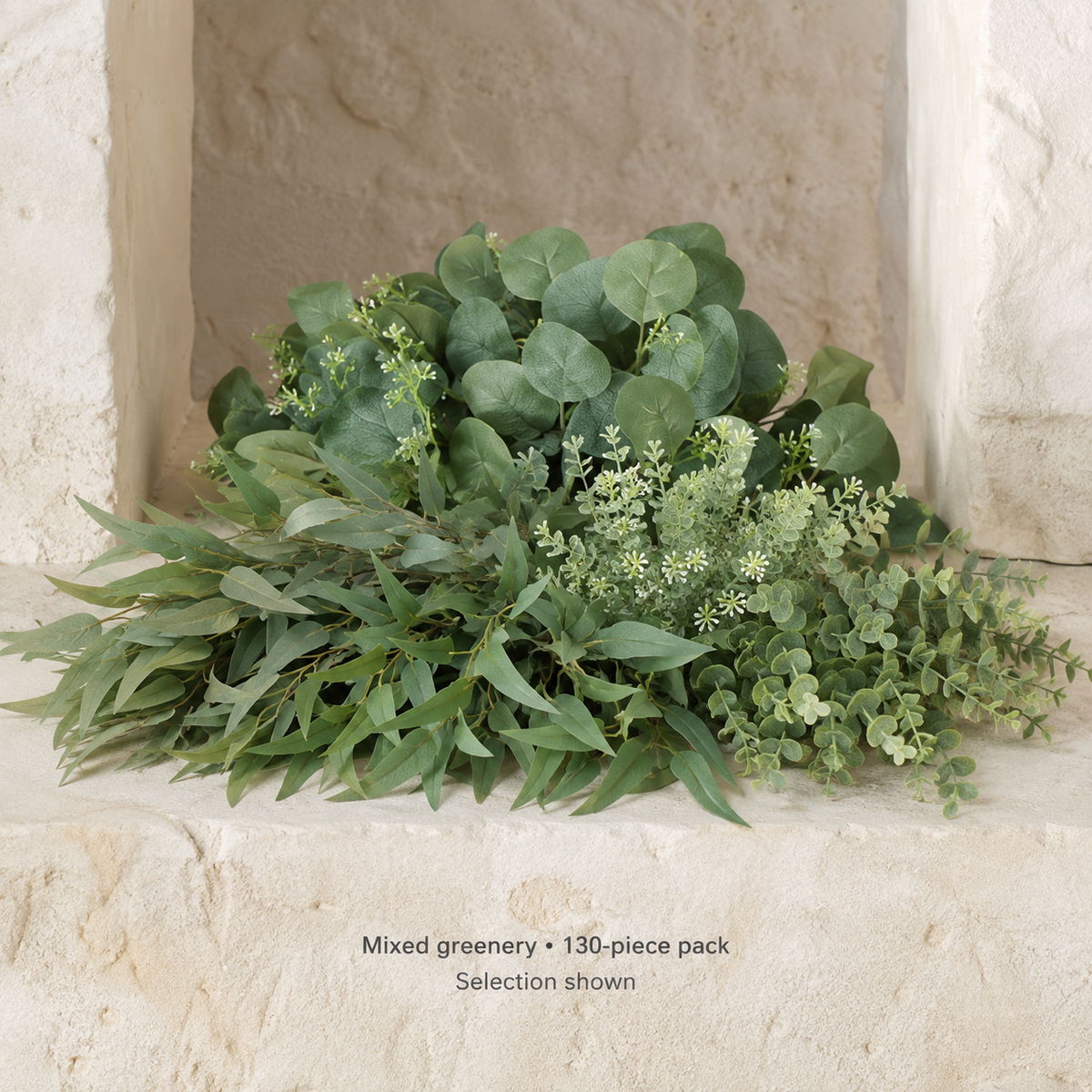 130 Mixed Artificial Greenery Stems, Faux Eucalyptus and White Filler Flowers for DIY Bouquets — styled view 6