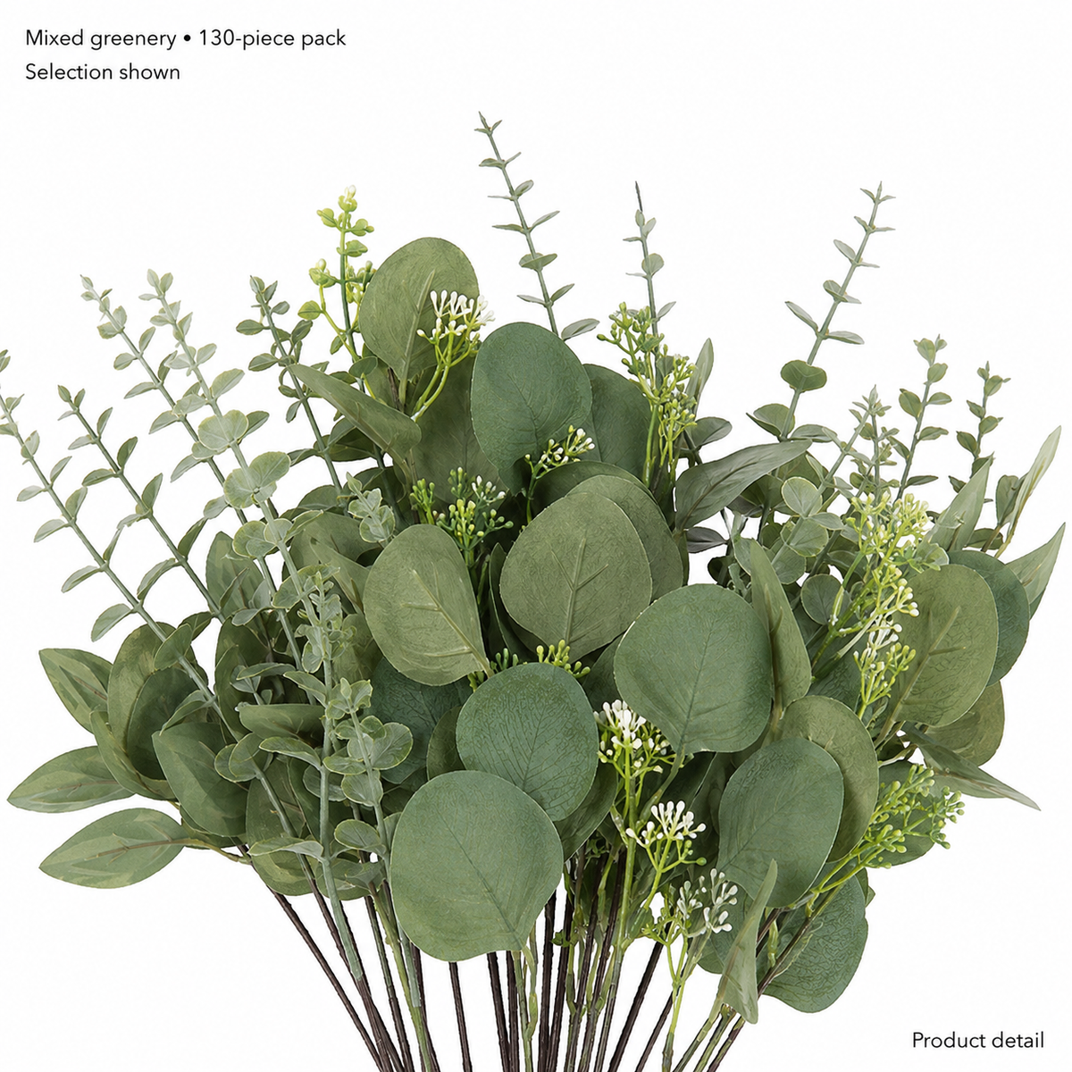 130 Mixed Artificial Greenery Stems, Faux Eucalyptus and White Filler Flowers for DIY Bouquets — foliage detail