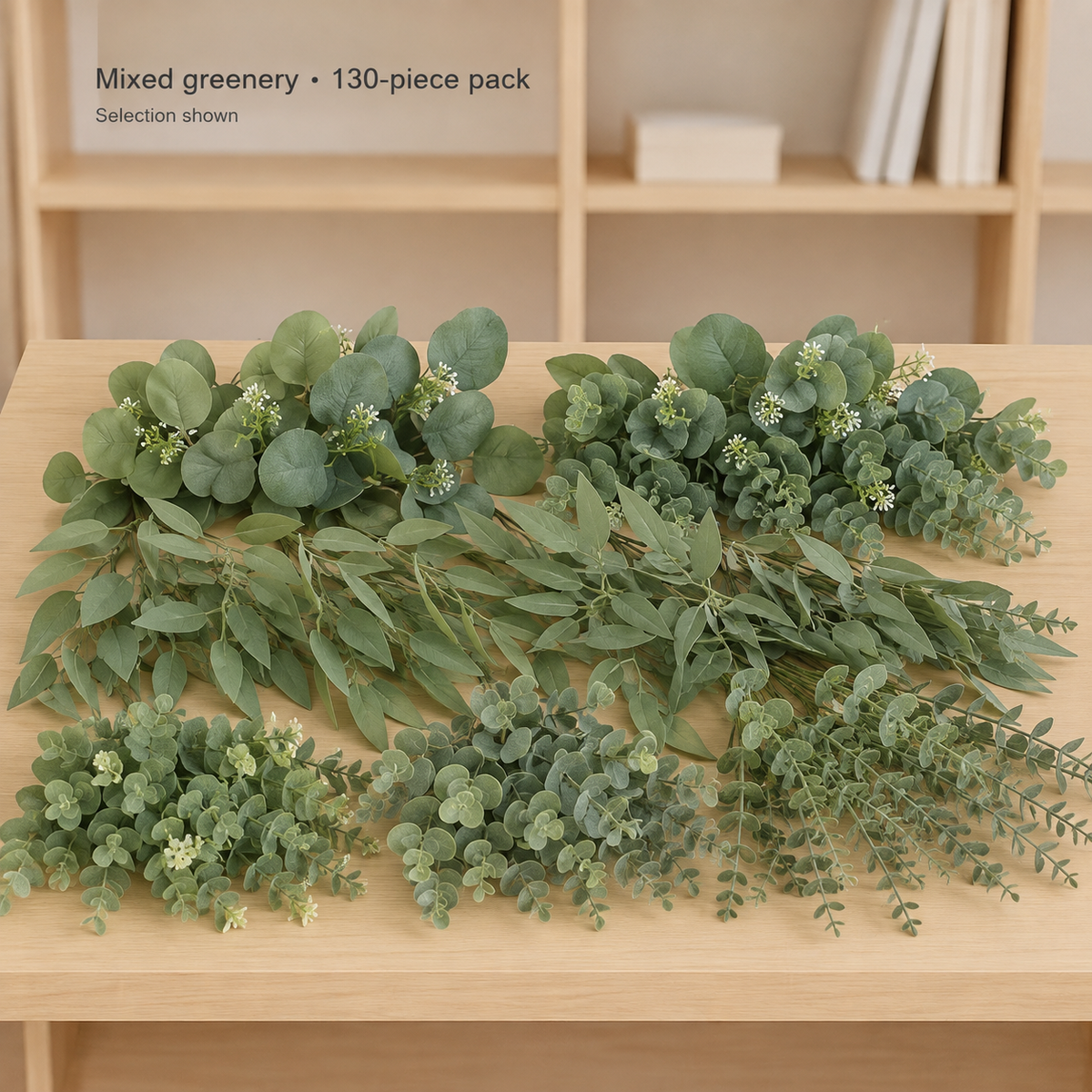 130 Mixed Artificial Greenery Stems, Faux Eucalyptus and White Filler Flowers for DIY Bouquets — styled view 8