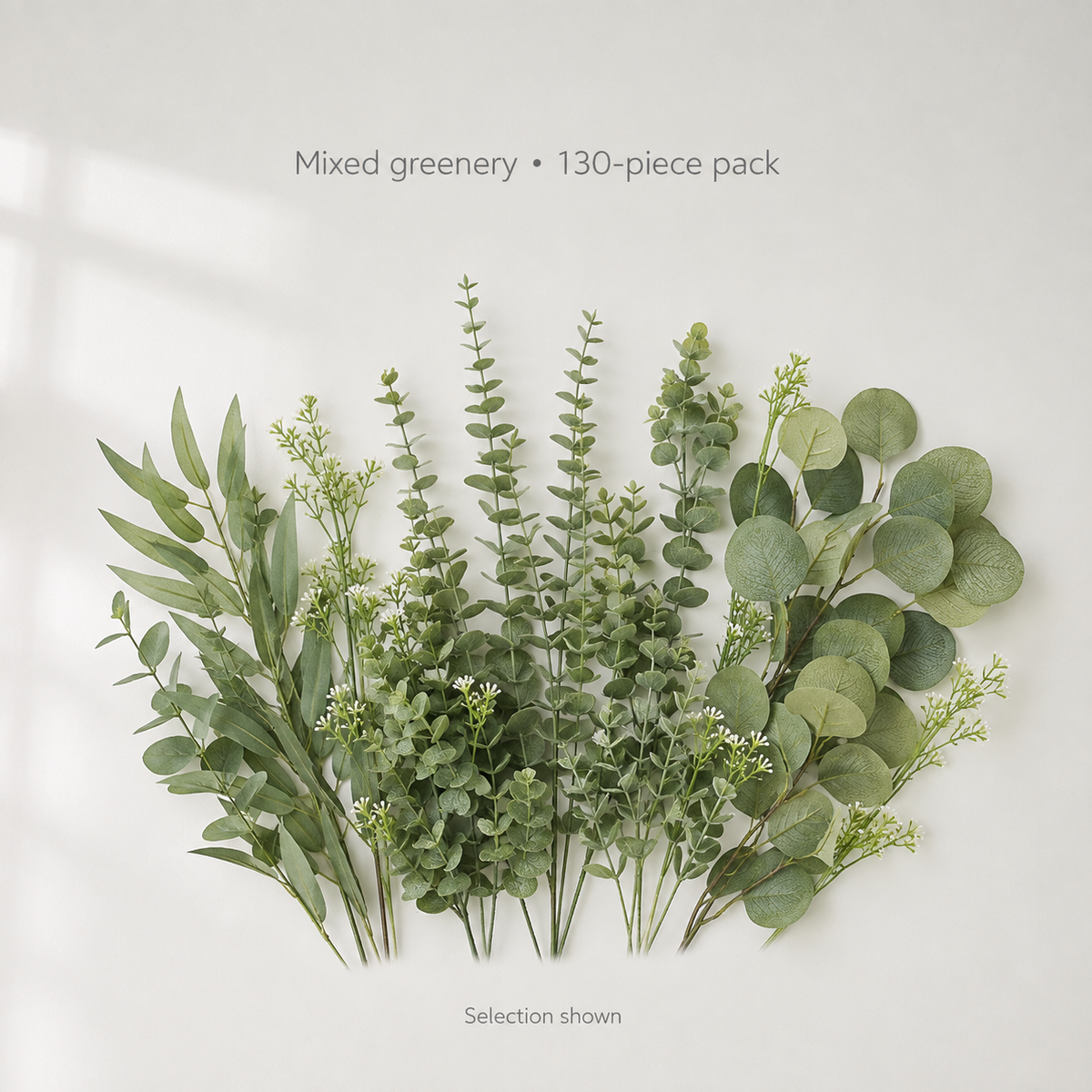 130 Mixed Artificial Greenery Stems, Faux Eucalyptus and White Filler Flowers for DIY Bouquets — styled view 9