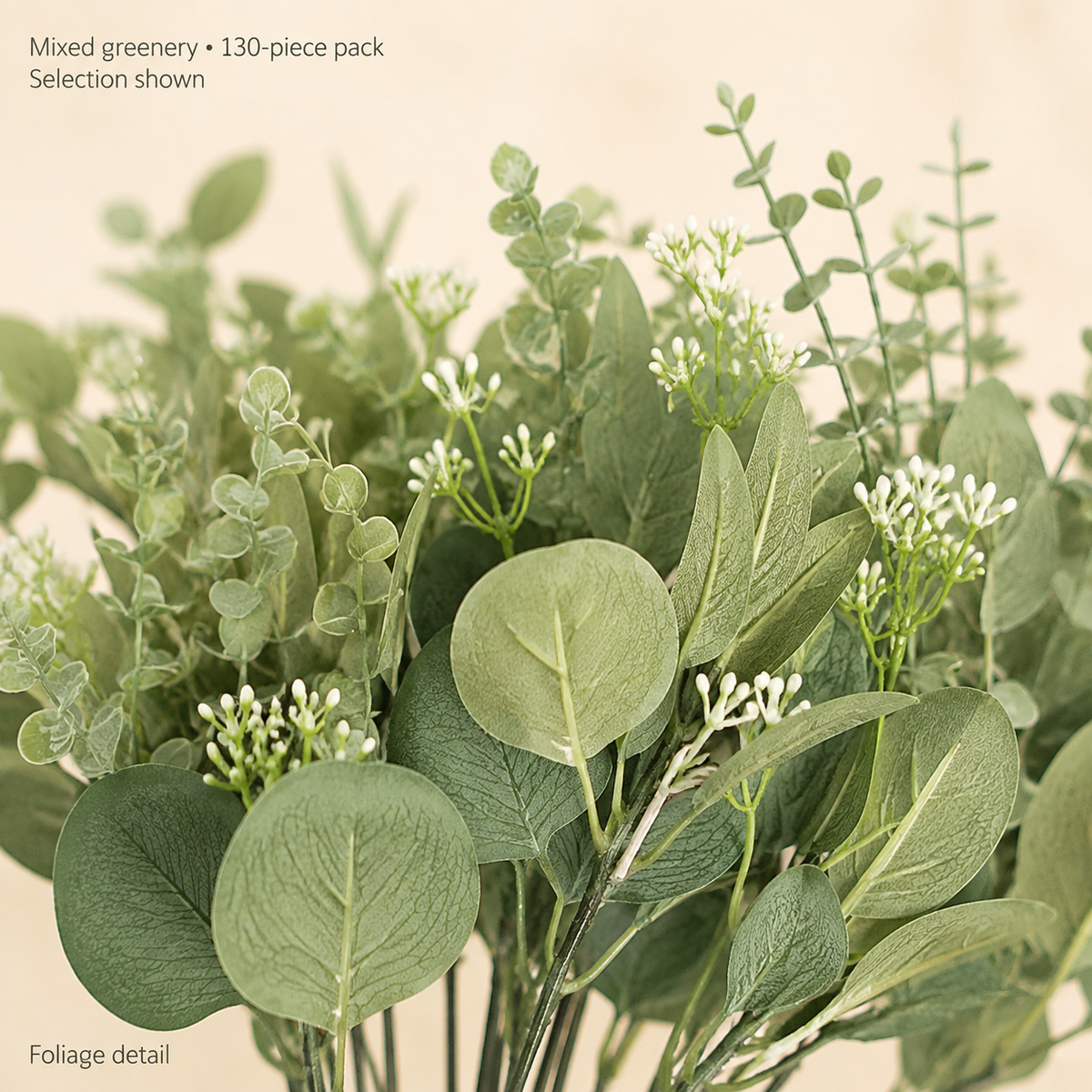 130 Mixed Artificial Greenery Stems, Faux Eucalyptus and White Filler Flowers for DIY Bouquets — foliage detail