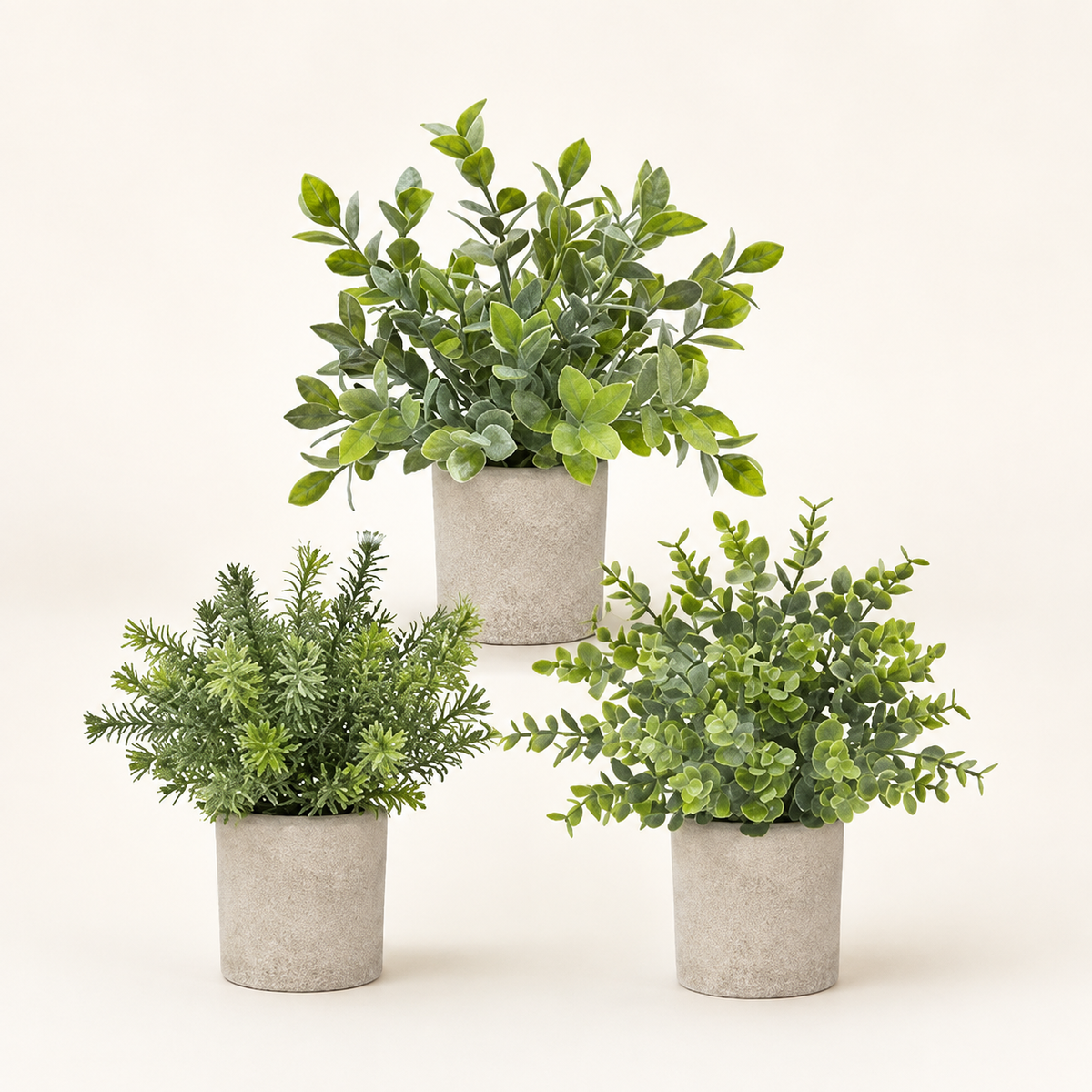 Set of 3 Mini Faux Plants in Paper Pulp Pots, Sage Green Shelf and Desk Greenery — styled view 1