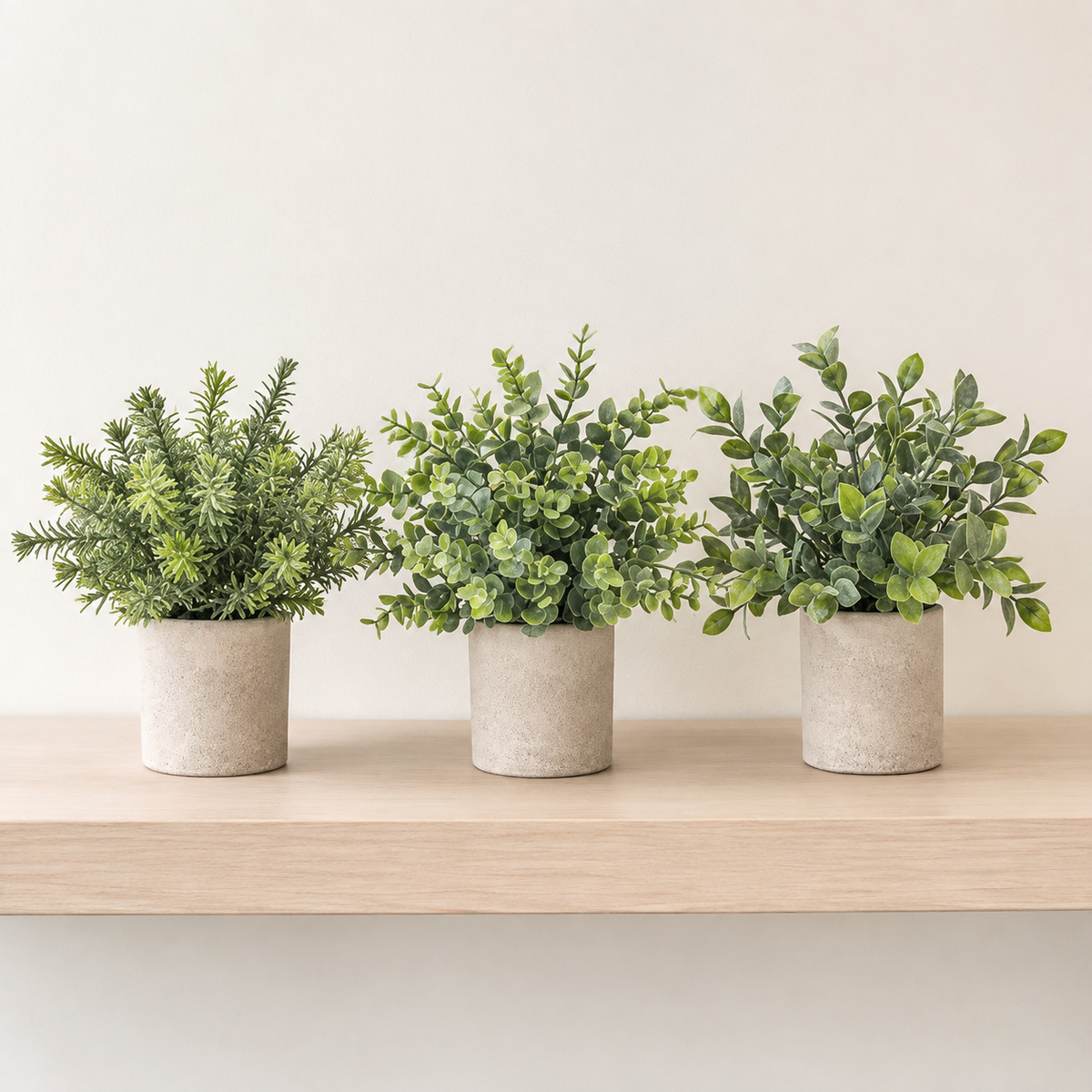 Set of 3 Mini Faux Plants in Paper Pulp Pots, Sage Green Shelf and Desk Greenery — styled view 2