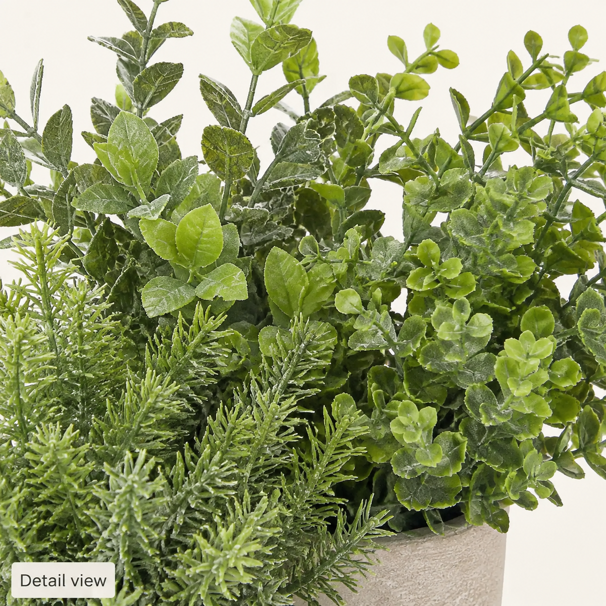 Set of 3 Mini Faux Plants in Paper Pulp Pots, Sage Green Shelf and Desk Greenery — foliage detail