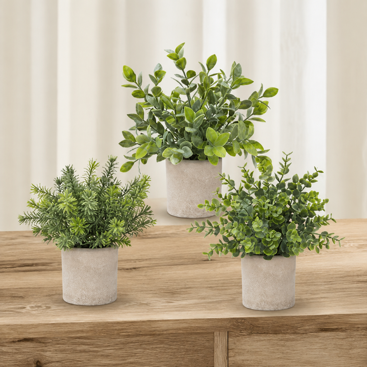 Set of 3 Mini Faux Plants in Paper Pulp Pots, Sage Green Shelf and Desk Greenery — styled view 4