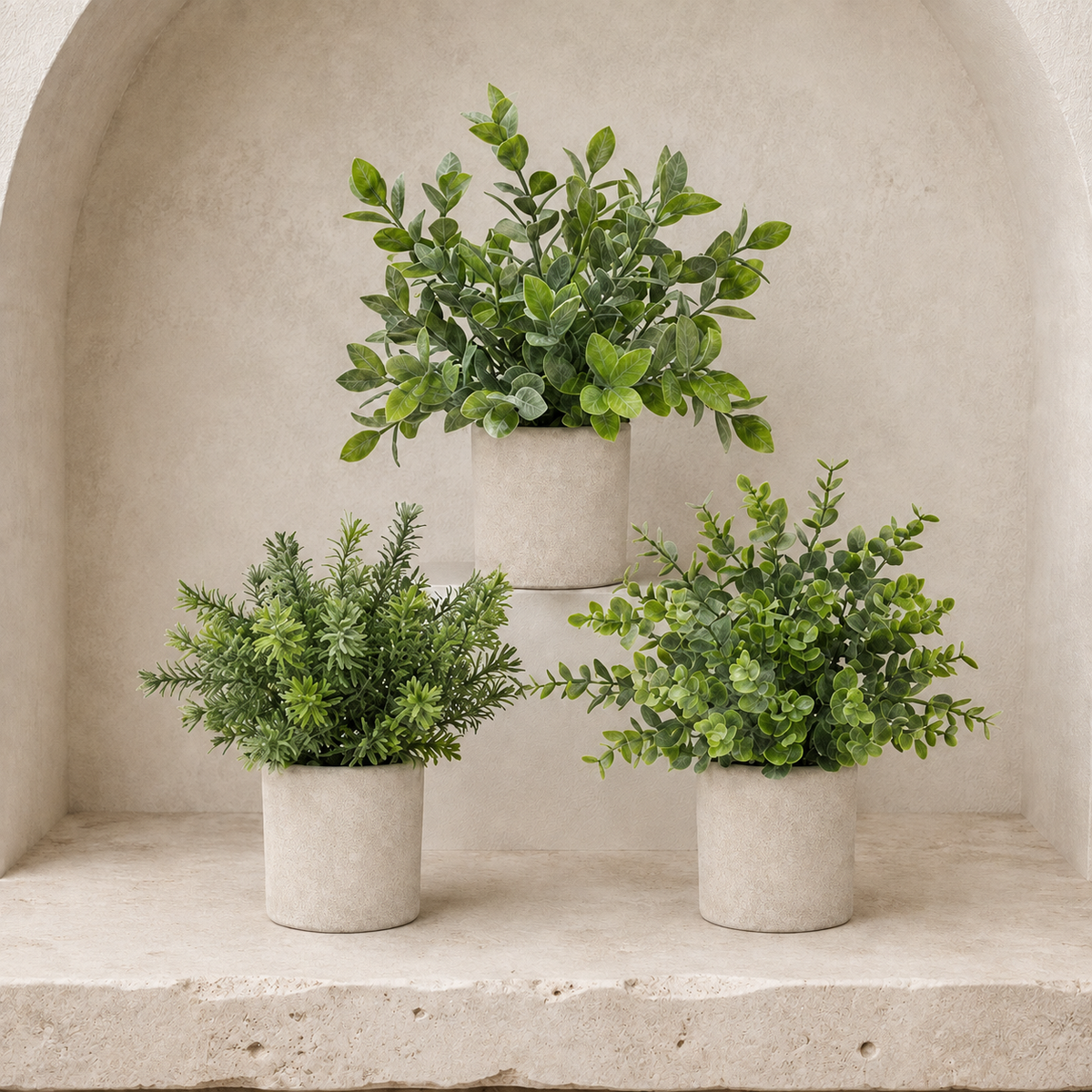 Set of 3 Mini Faux Plants in Paper Pulp Pots, Sage Green Shelf and Desk Greenery — styled view 6