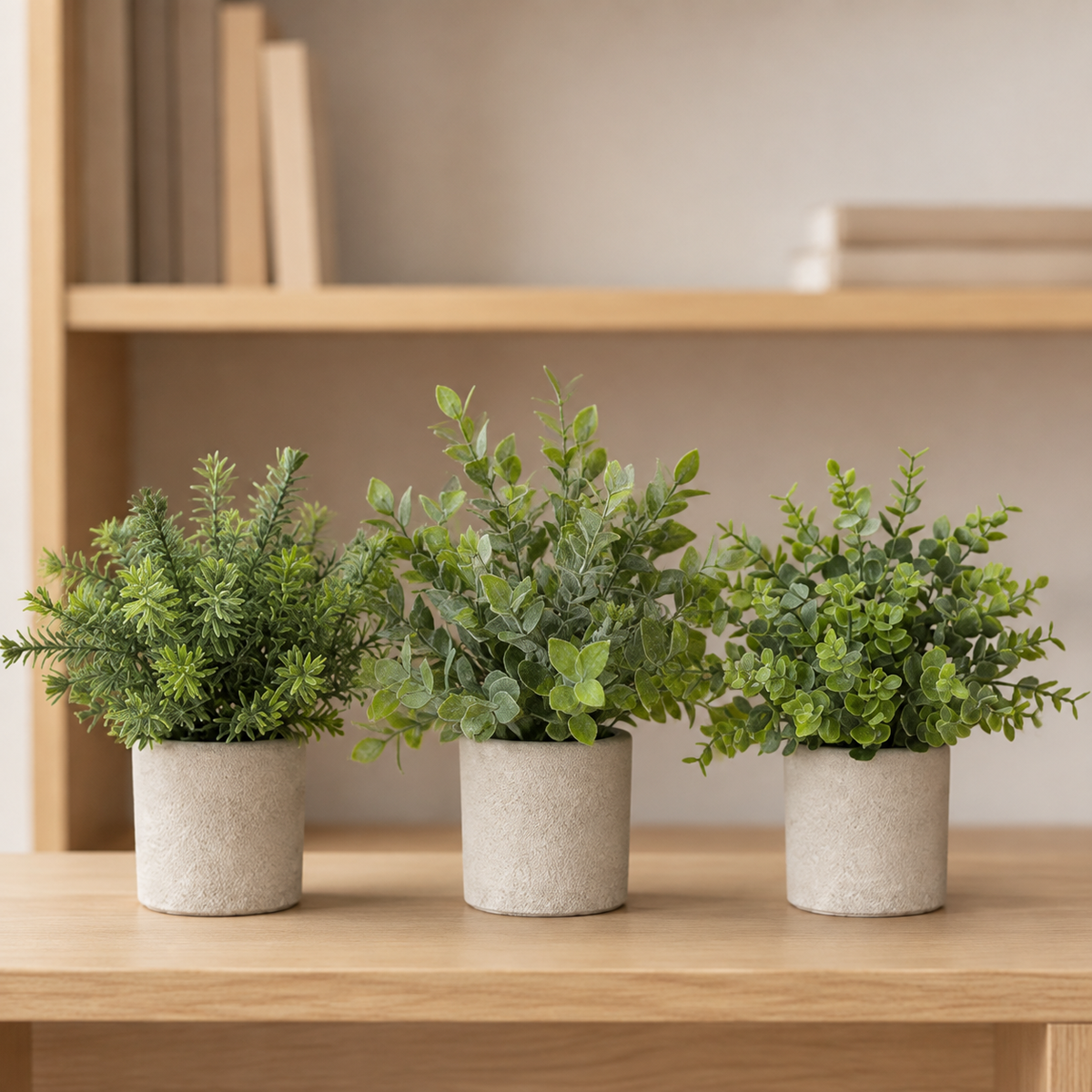 Set of 3 Mini Faux Plants in Paper Pulp Pots, Sage Green Shelf and Desk Greenery — styled view 8