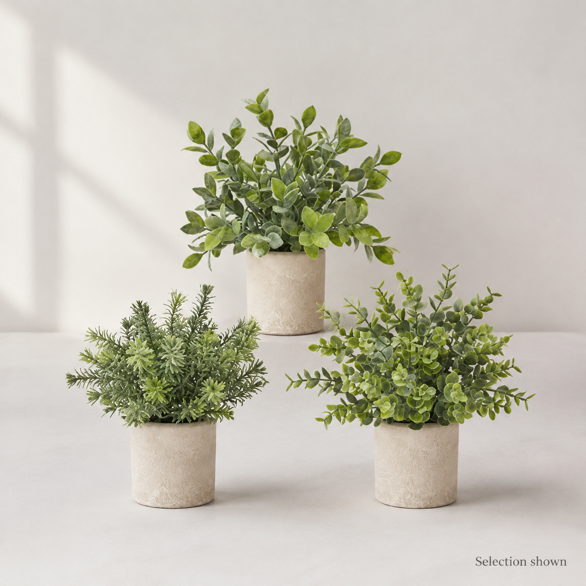 Set of 3 Mini Faux Plants in Paper Pulp Pots, Sage Green Shelf and Desk Greenery — styled view 9