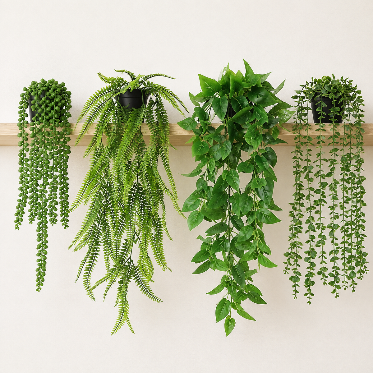 Set of 4 Trailing Faux Plants in Black Pots, Eucalyptus Fern Pothos and String of Pearls — styled view 2