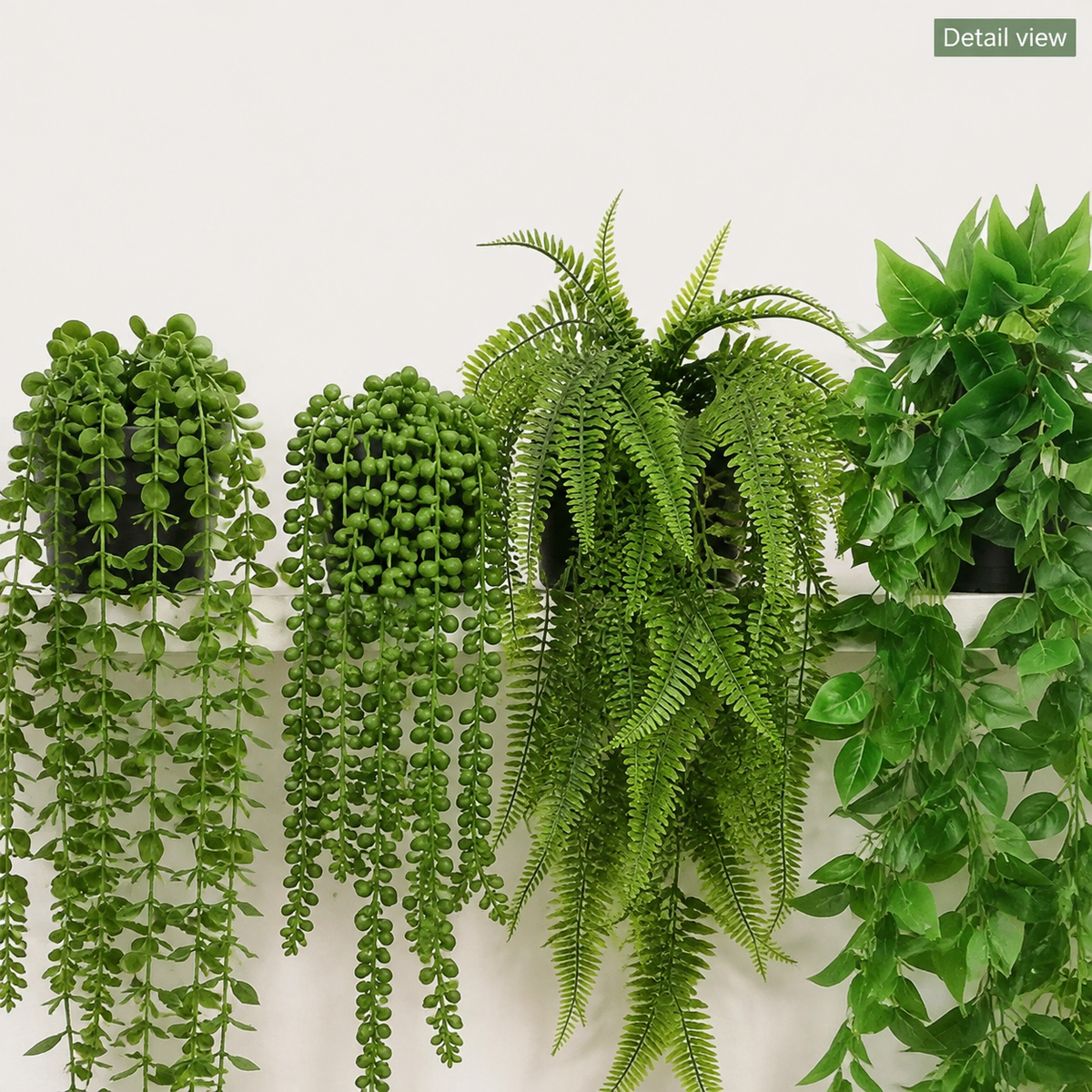 Set of 4 Trailing Faux Plants in Black Pots, Eucalyptus Fern Pothos and String of Pearls — foliage detail