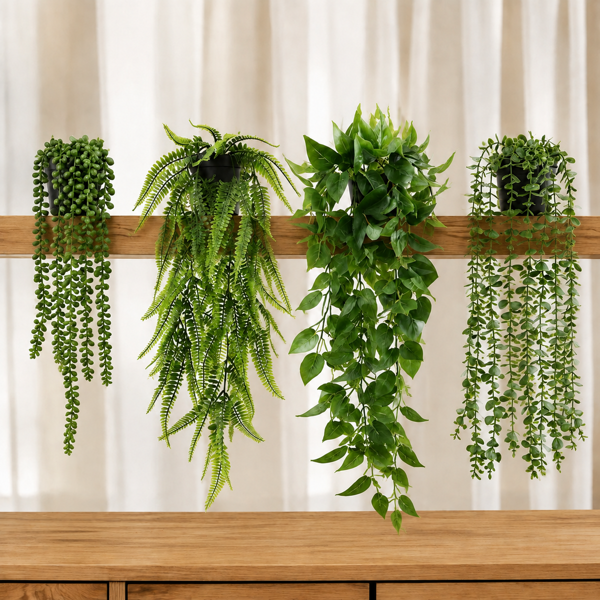 Set of 4 Trailing Faux Plants in Black Pots, Eucalyptus Fern Pothos and String of Pearls — styled view 4