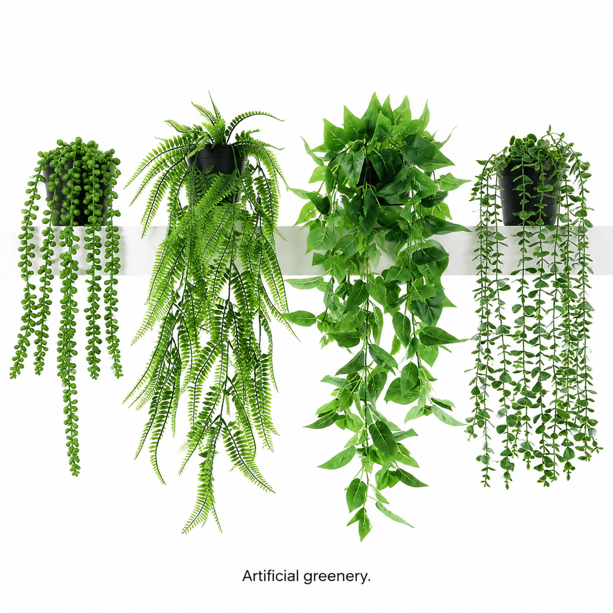 Set of 4 Trailing Faux Plants in Black Pots, Eucalyptus Fern Pothos and String of Pearls — styled view 5