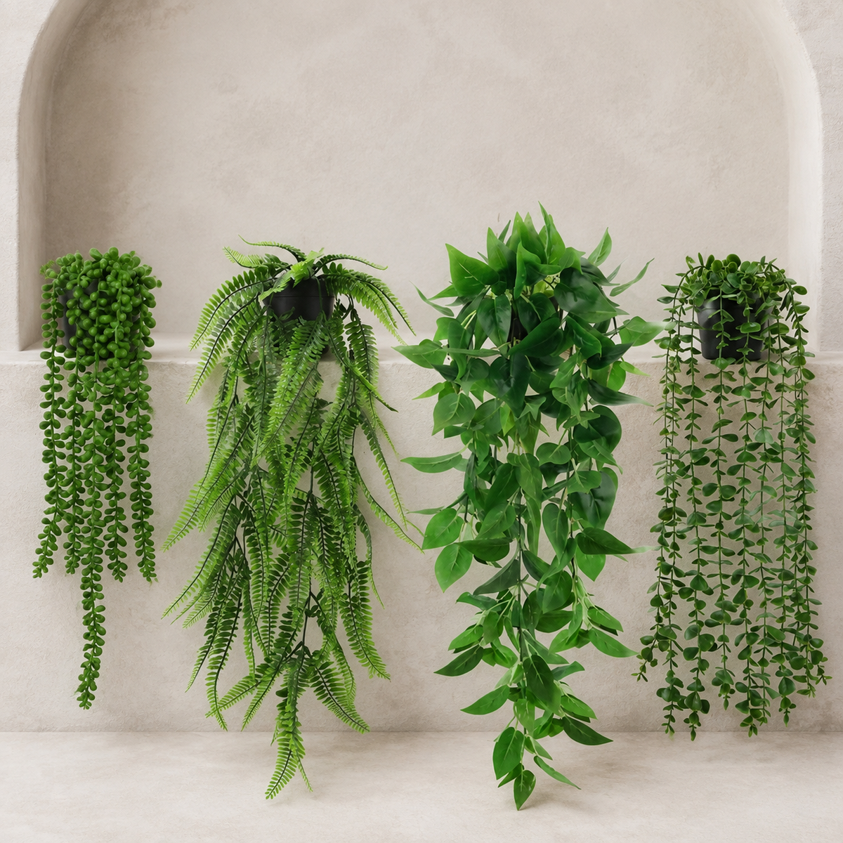 Set of 4 Trailing Faux Plants in Black Pots, Eucalyptus Fern Pothos and String of Pearls — styled view 6