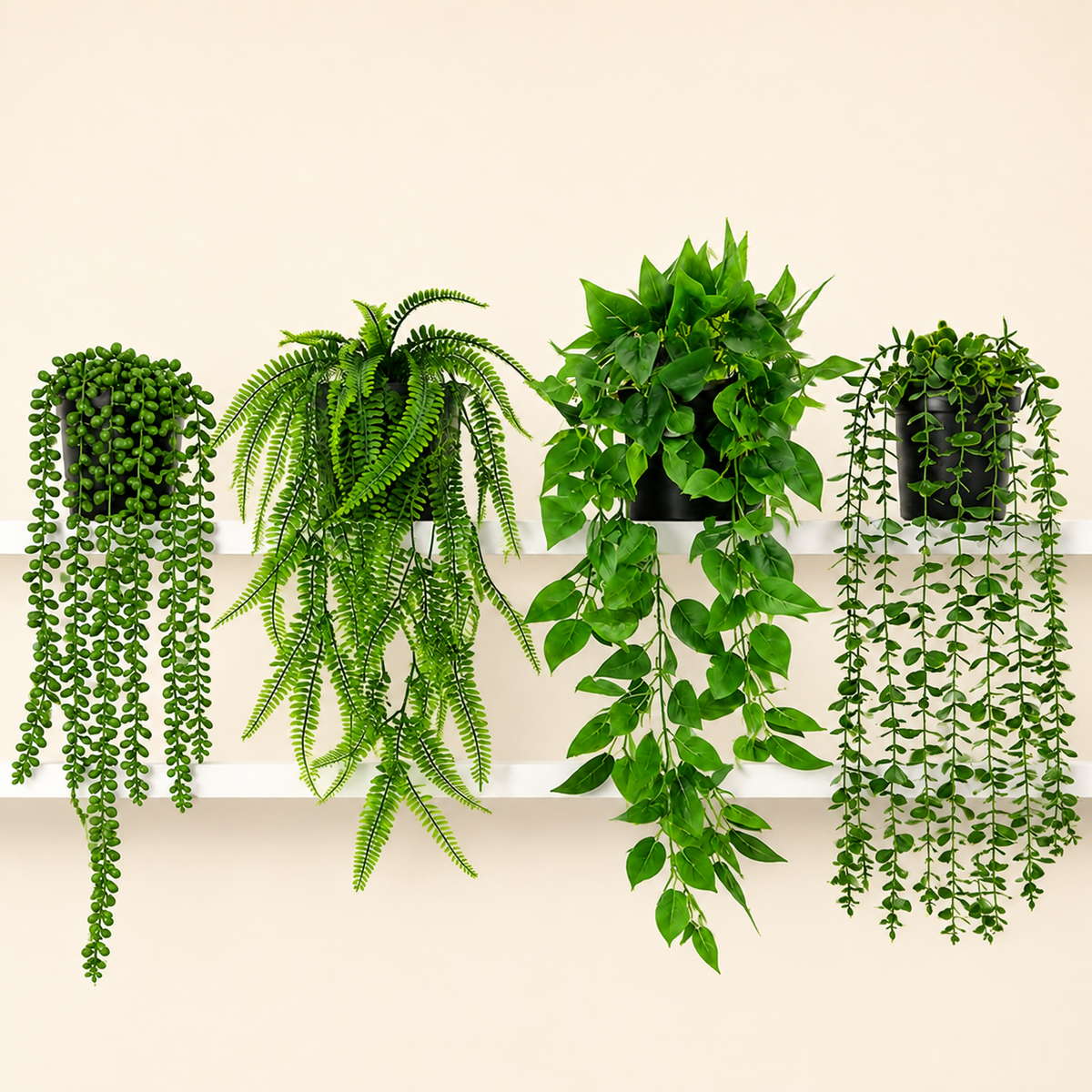 Set of 4 Trailing Faux Plants in Black Pots, Eucalyptus Fern Pothos and String of Pearls — foliage detail