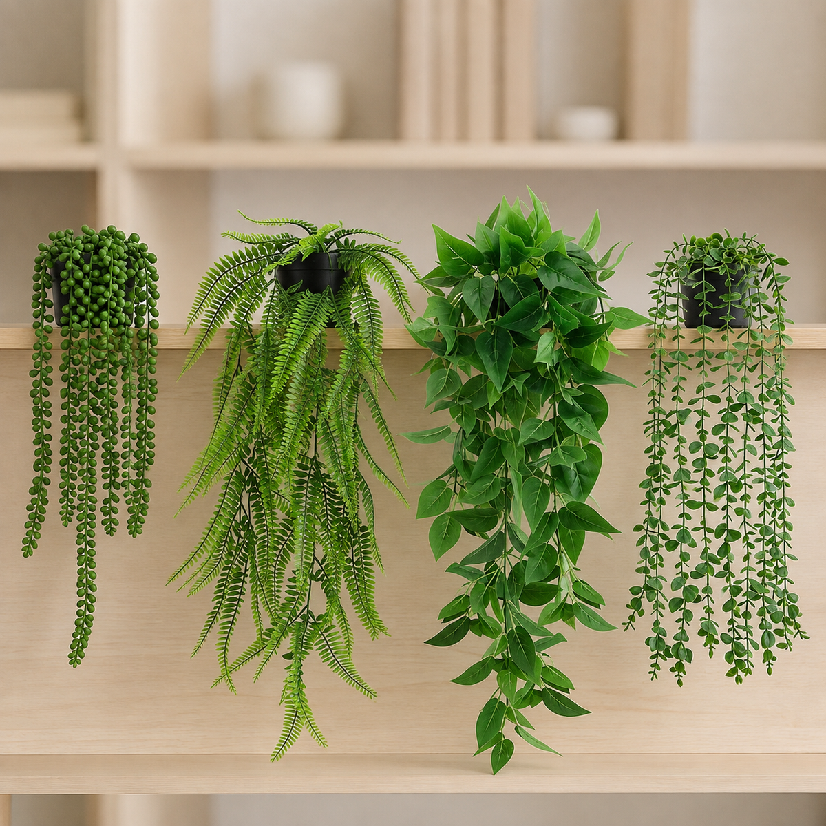 Set of 4 Trailing Faux Plants in Black Pots, Eucalyptus Fern Pothos and String of Pearls — styled view 8