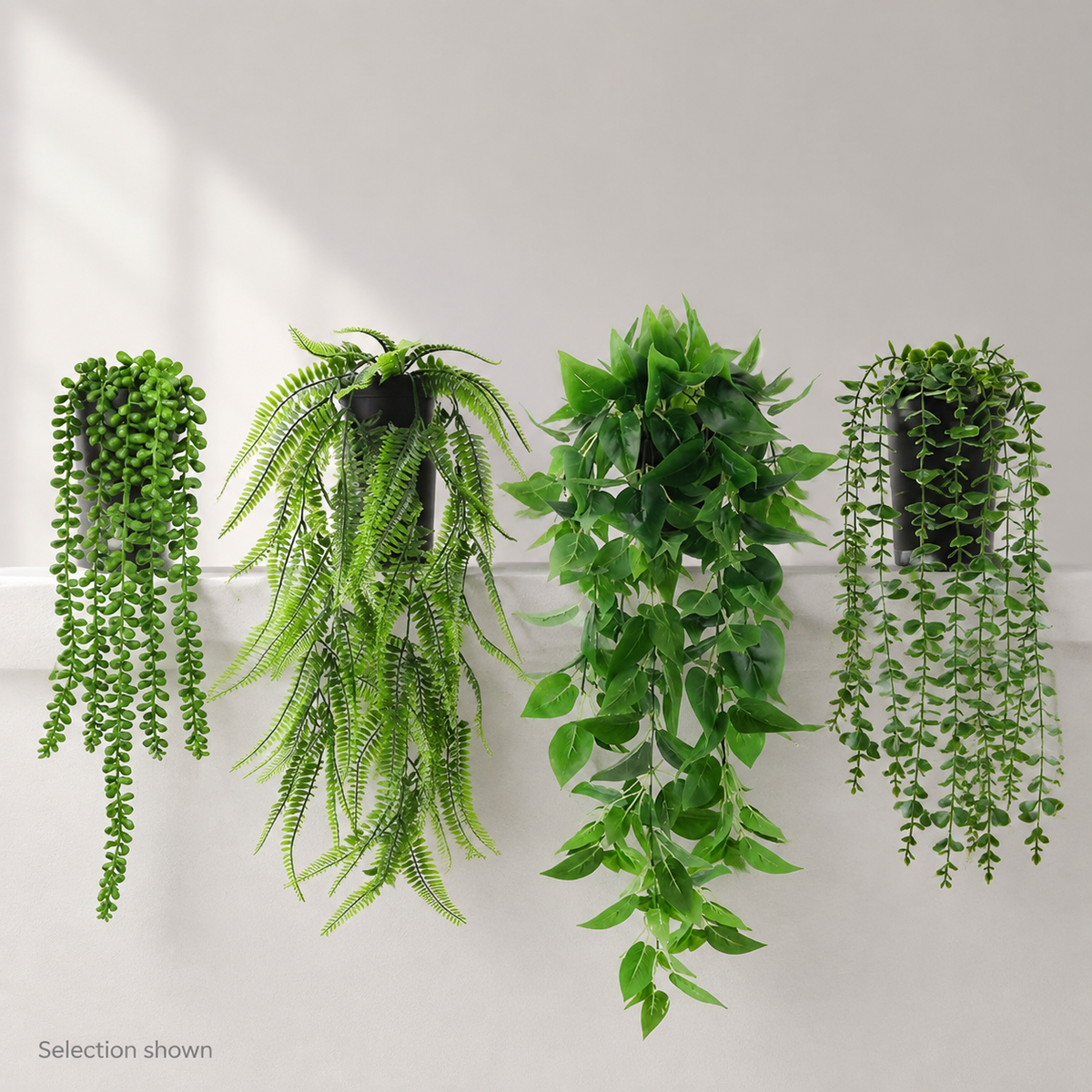 Set of 4 Trailing Faux Plants in Black Pots, Eucalyptus Fern Pothos and String of Pearls — styled view 9