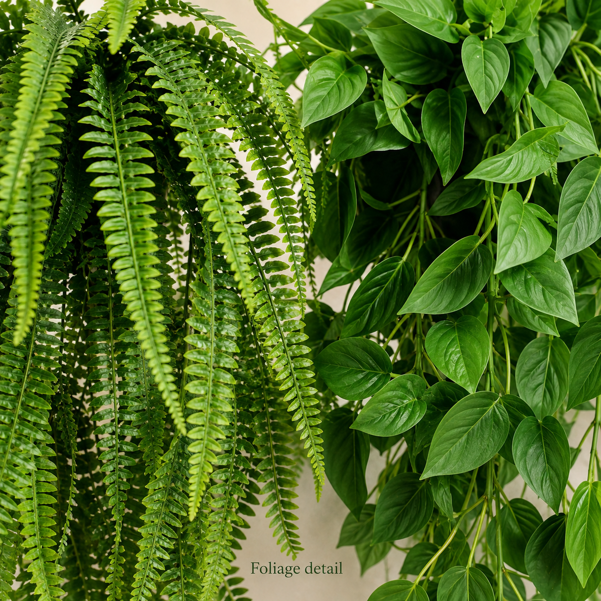 Set of 4 Trailing Faux Plants in Black Pots, Eucalyptus Fern Pothos and String of Pearls — foliage detail