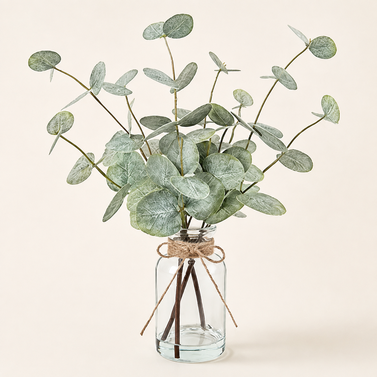 Faux Eucalyptus Arrangement in Glass Vase with Faux Water, 13.5 Inch Sage Green Table Decor — styled view 1