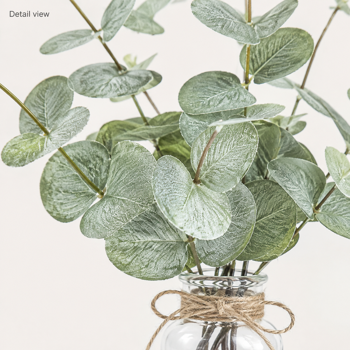 Faux Eucalyptus Arrangement in Glass Vase with Faux Water, 13.5 Inch Sage Green Table Decor — foliage detail