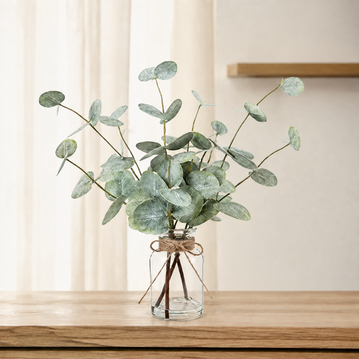 Faux Eucalyptus Arrangement in Glass Vase with Faux Water, 13.5 Inch Sage Green Table Decor — styled view 4