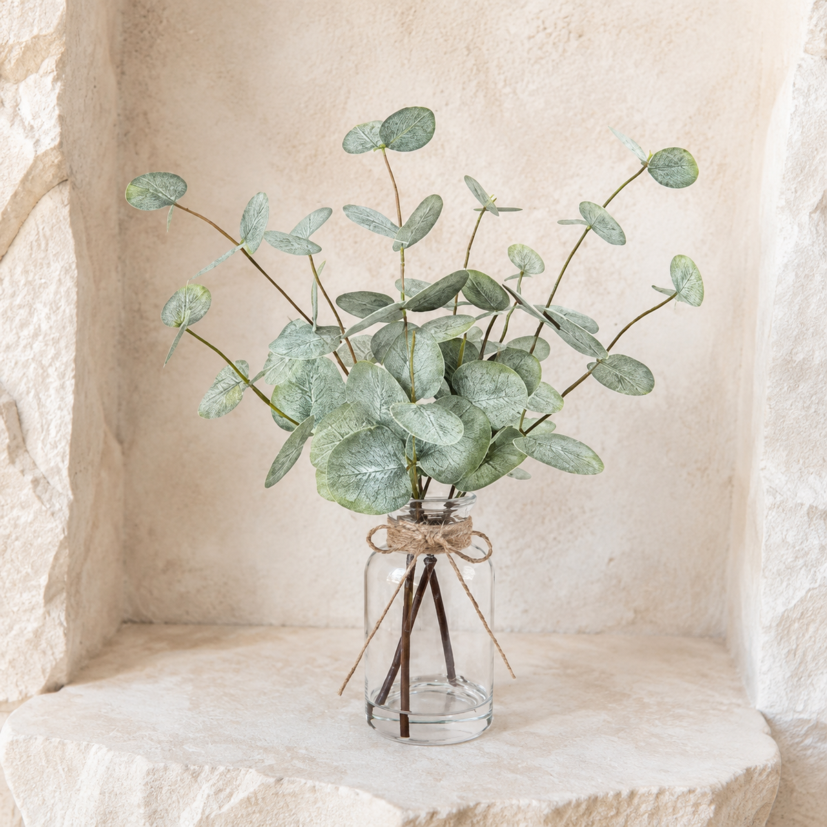 Faux Eucalyptus Arrangement in Glass Vase with Faux Water, 13.5 Inch Sage Green Table Decor — styled view 6