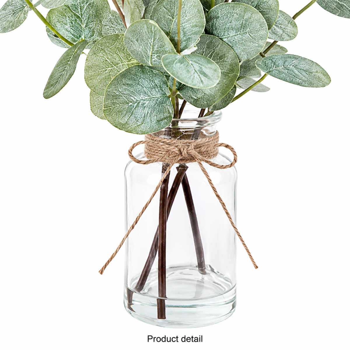 Faux Eucalyptus Arrangement in Glass Vase with Faux Water, 13.5 Inch Sage Green Table Decor — foliage detail