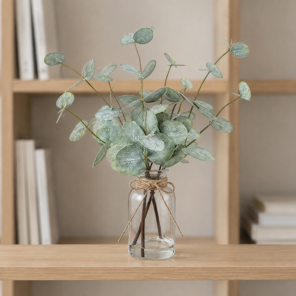 Faux Eucalyptus Arrangement in Glass Vase with Faux Water, 13.5 Inch Sage Green Table Decor — styled view 8