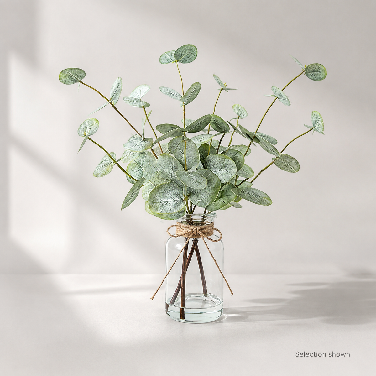Faux Eucalyptus Arrangement in Glass Vase with Faux Water, 13.5 Inch Sage Green Table Decor — styled view 9