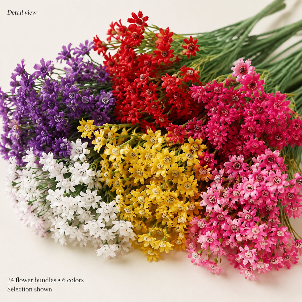 24 Artificial Flower Bundles in 6 Colors, Mixed Faux Blooms for DIY Floral Arrangements — foliage detail