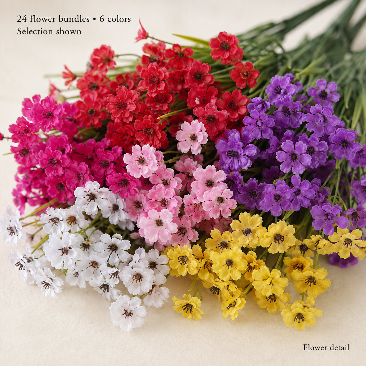 24 Artificial Flower Bundles in 6 Colors, Mixed Faux Blooms for DIY Floral Arrangements — foliage detail
