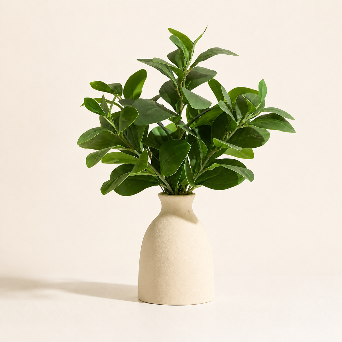 Faux Greenery Arrangement in Cream Vase, 16 Inch Potted Plant for Shelf and Desk Decor — styled product view 1