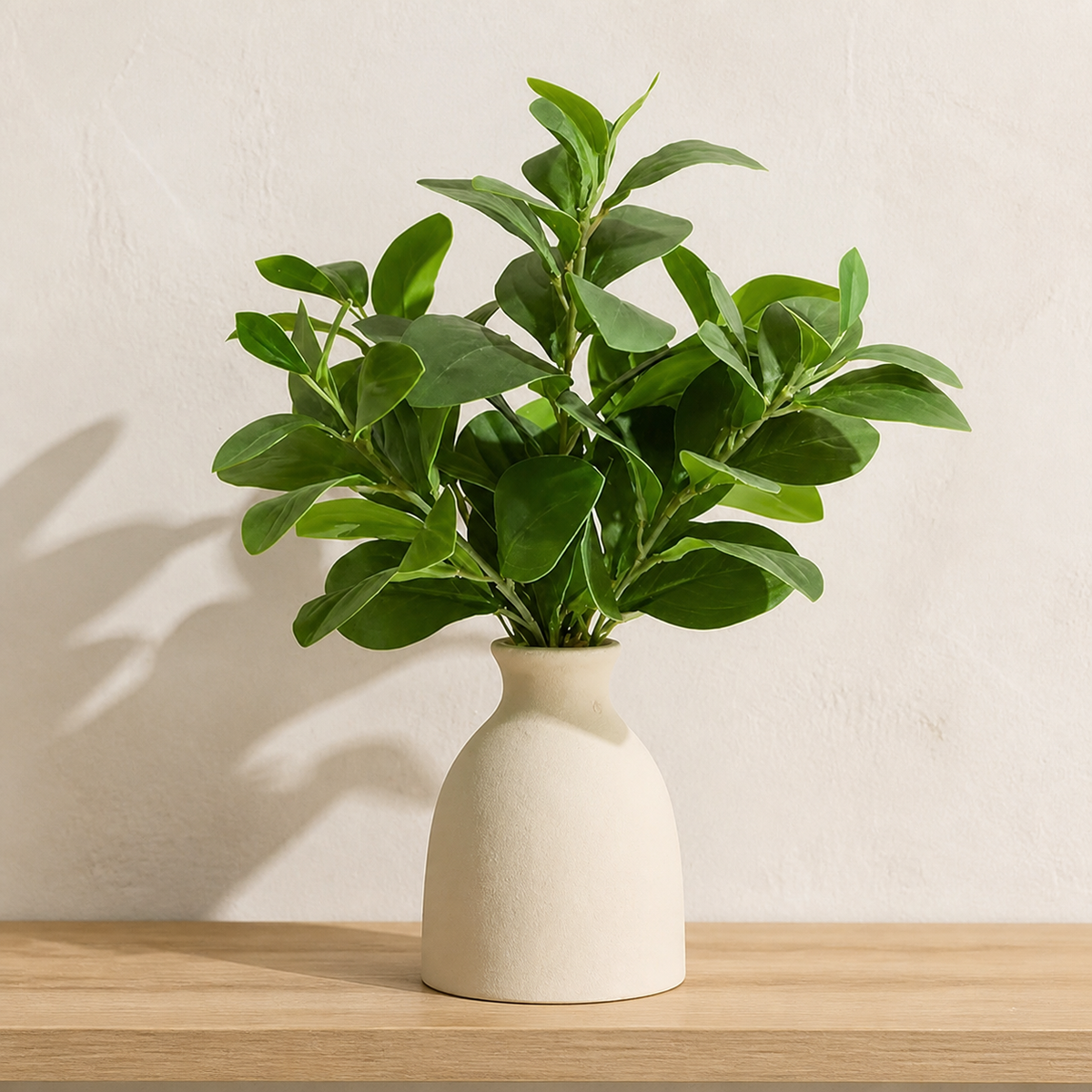 Faux Greenery Arrangement in Cream Vase, 16 Inch Potted Plant for Shelf and Desk Decor — styled product view 2