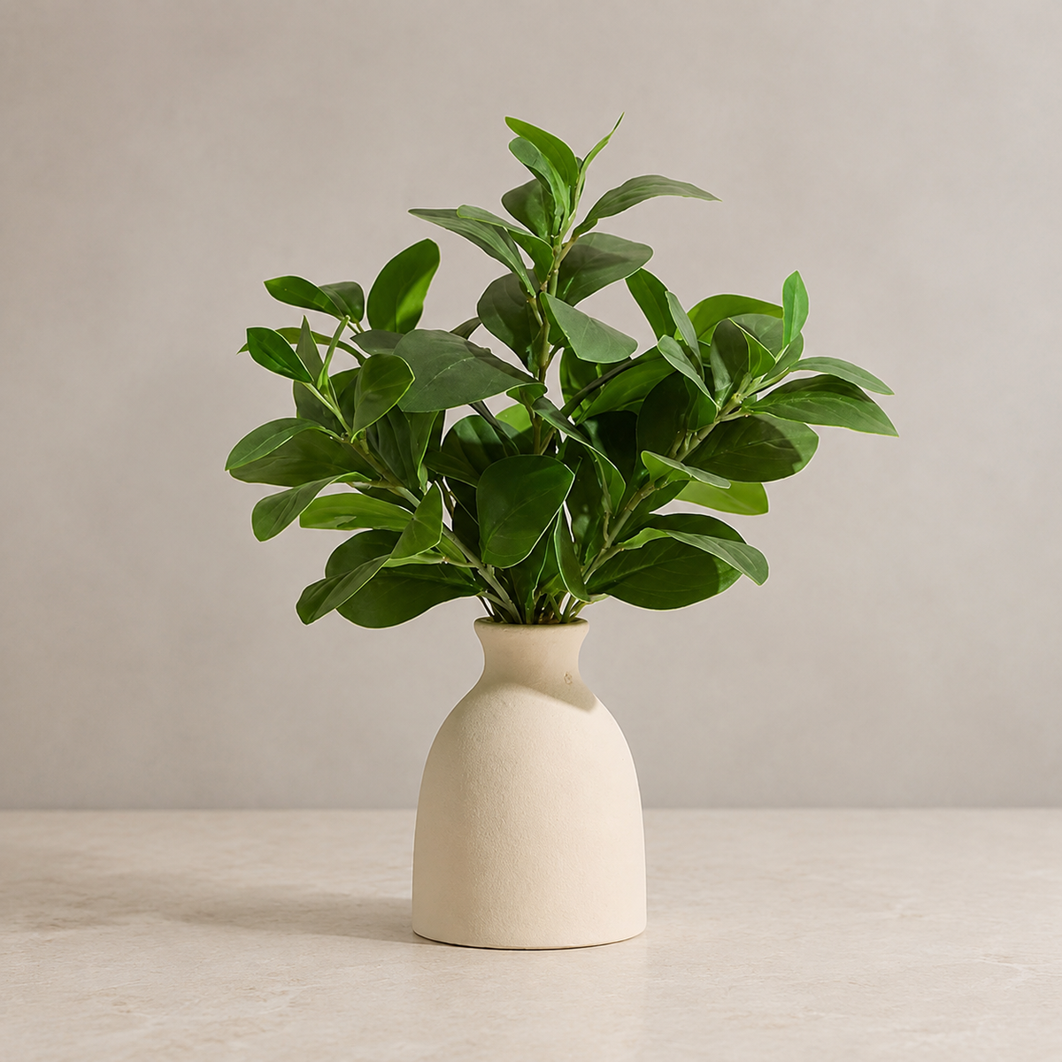 Faux Greenery Arrangement in Cream Vase, 16 Inch Potted Plant for Shelf and Desk Decor — styled product view 4